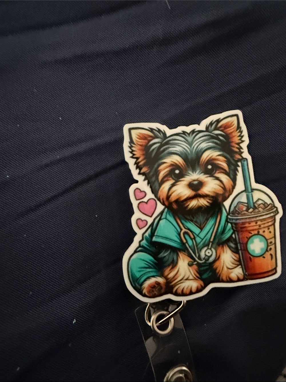 Cute Yorkie Nurse Badge Reel - Teal Dog Design